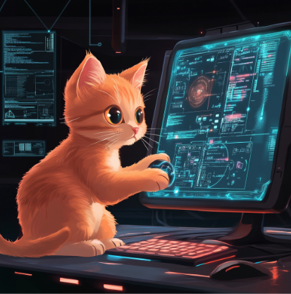 Image generated by Midjourney, February 2025. Prompt: Cartoon futuristic image of a cat using AI on a computer. The cat is an orange tabby with round, large black eyes, and it holds its paws on the touch screen as it guides the computer.